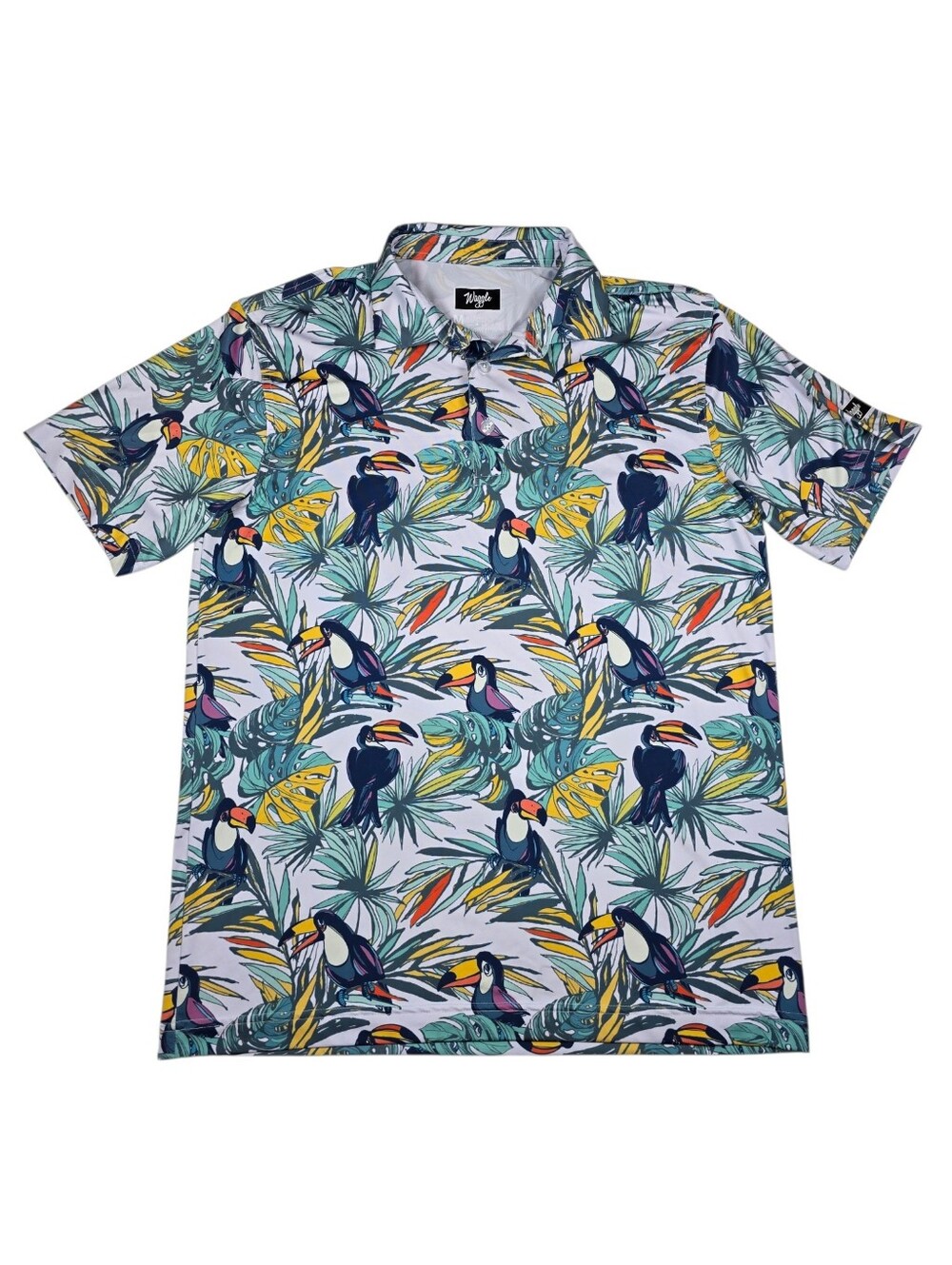 Waggle Men's Toucan Tropical Floral AOP Performance Golf Polo Shirt, Size Medium